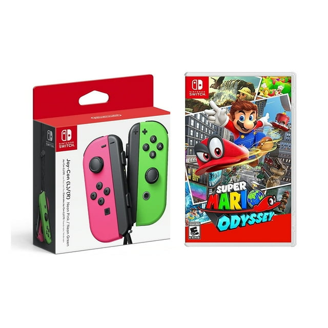 Nintendo Switch Joy-Con (L/R) - Neon Pink/Neon Green, Super Mario Odyssey - Nintendo Switch (Game Disc), Console Not Included