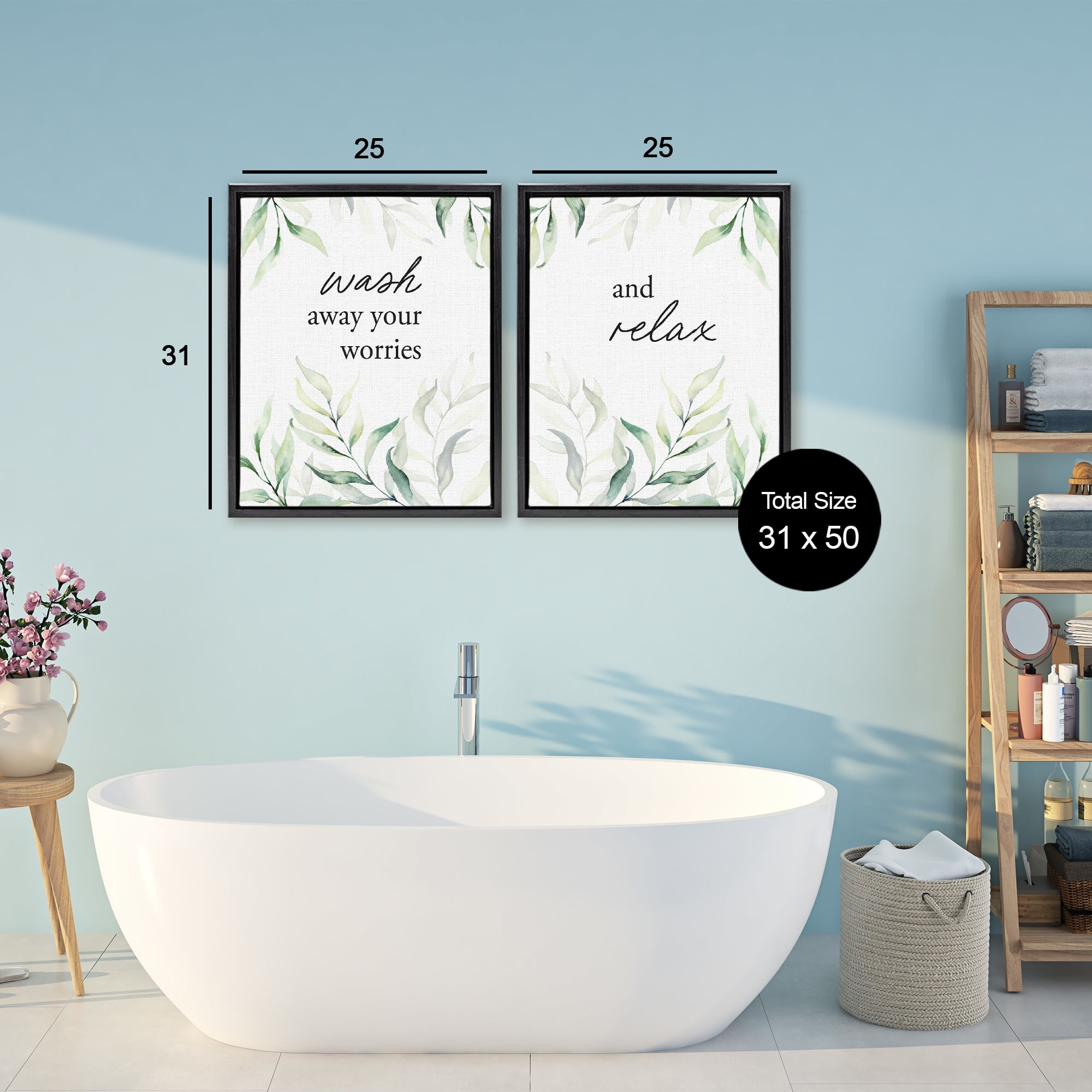 Soothing Bathroom Greenery Words 2 Piece Black Framed Floater Canvas Set, design by Lettered and Lined