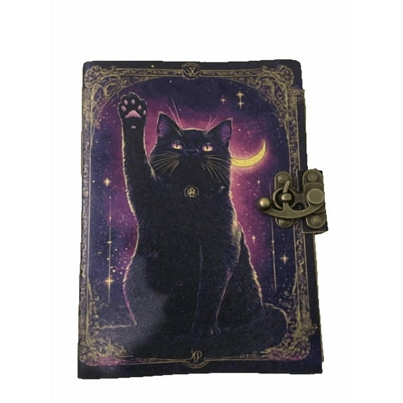 Mystic Black Cat Leather Journal, 5x7 Inch Handmade Notebook with Moon & Stars Artwork, 200 Vintage Handmade Paper Pages, Antique Locking Diary for Writing & Sketching