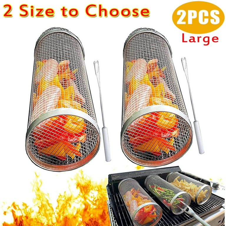 Large Stainless Steel Rolling Grilling Basket Mesh Barbeque Grill