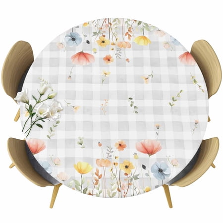 Spring Wildflowers Round Tablecloth Fitted Table Cover with Elastic for 36 -44 Round Tables Watercolor Country Botanical Floral Table Cloth Outdoor Indoor Dinning Party Waterproof Tablecloths