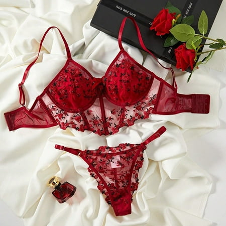 Women s Lingerie  See Through Lingerie  Women Lingerie Sexy Sets with Underwire Lace Bra and Panty Set Push Up Two Pieces Lingerie  Corsets Bodysuits Sheer Mesh Bustier  Red(L)