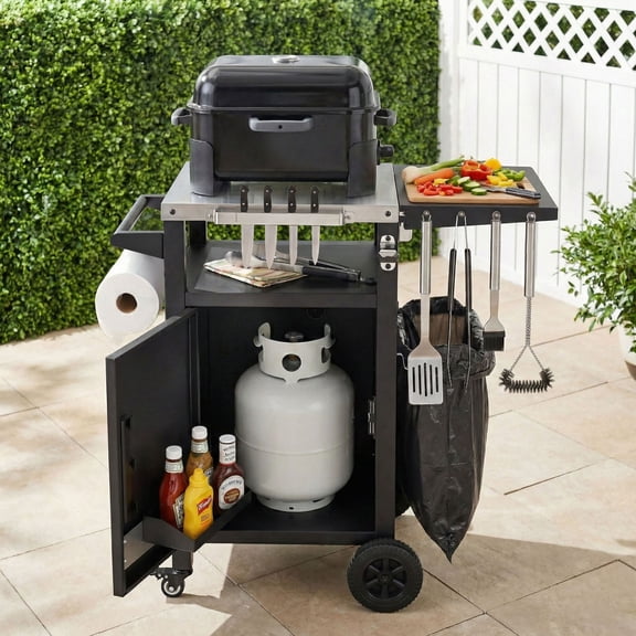 S-HOME 33.9" Outdoor Grill Cart with Drop Leaf and Wheels, Stainless Steel Top BBQ Table with Storage and Spice Rack