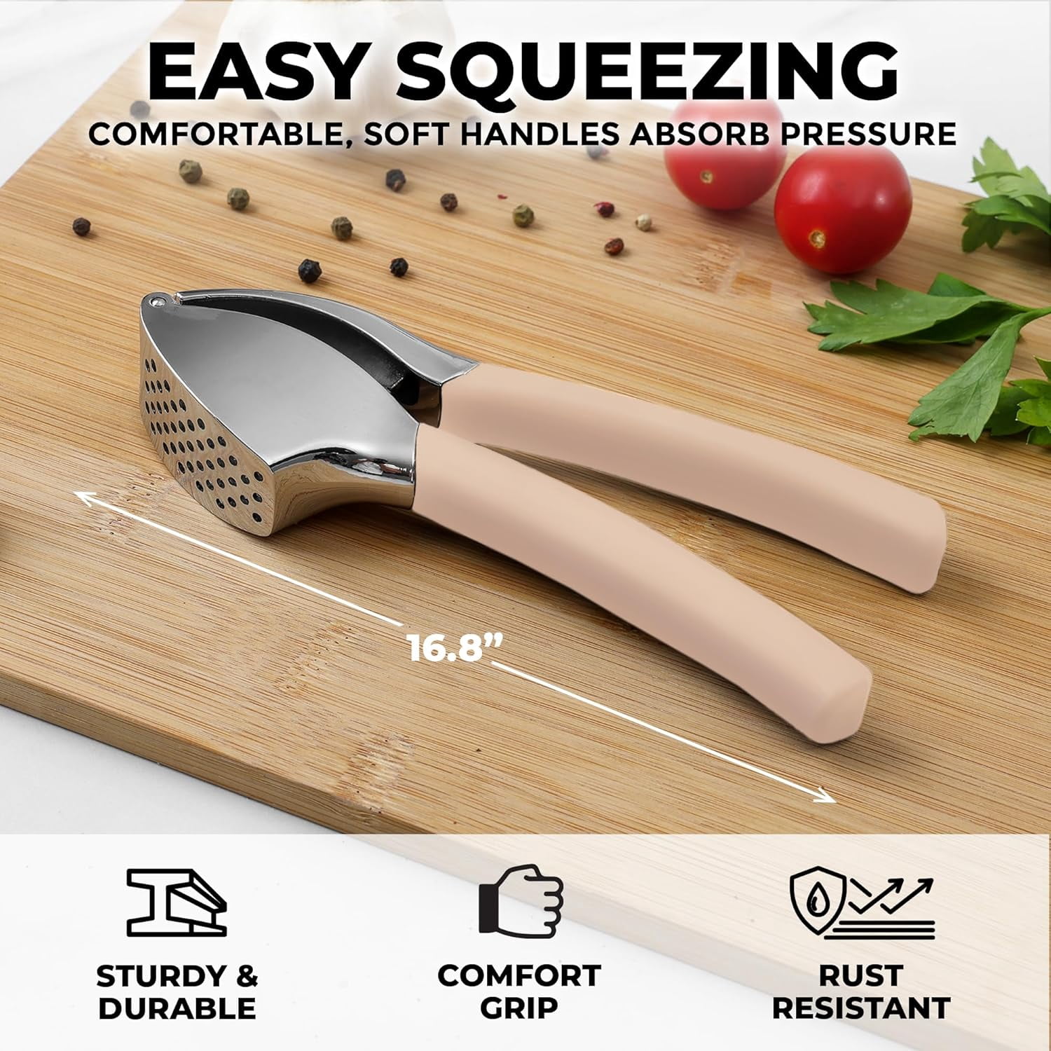 Comfort Grip Garlic Press - Mincer Tool Crusher Rust Proof, with Soft Ergonomic Handle, Easy Clean Set Peeler and Brush Light Pink