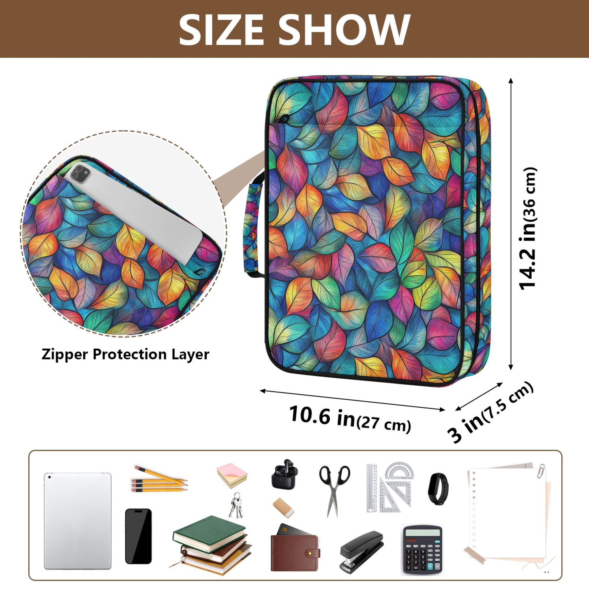 FORMRS Accordion File Folder A4 Size 7-Pocket Expanding Document Organizer Bag with 3 Ring Binder, Vibrant Art Leaves Pattern