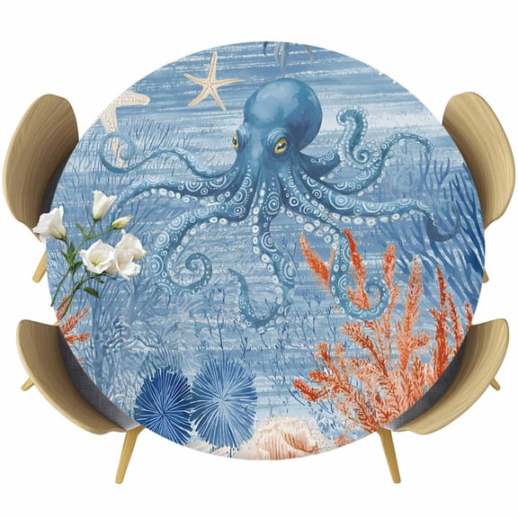 Coastal Octopus Round Tablecloth 36-44 Inch Round Fitted Table Cloth with Elastic Edge, Nautical Orange Blue Coral Starfish Waterproof Table Cover Protector for Outdoor Picnic Party Dining