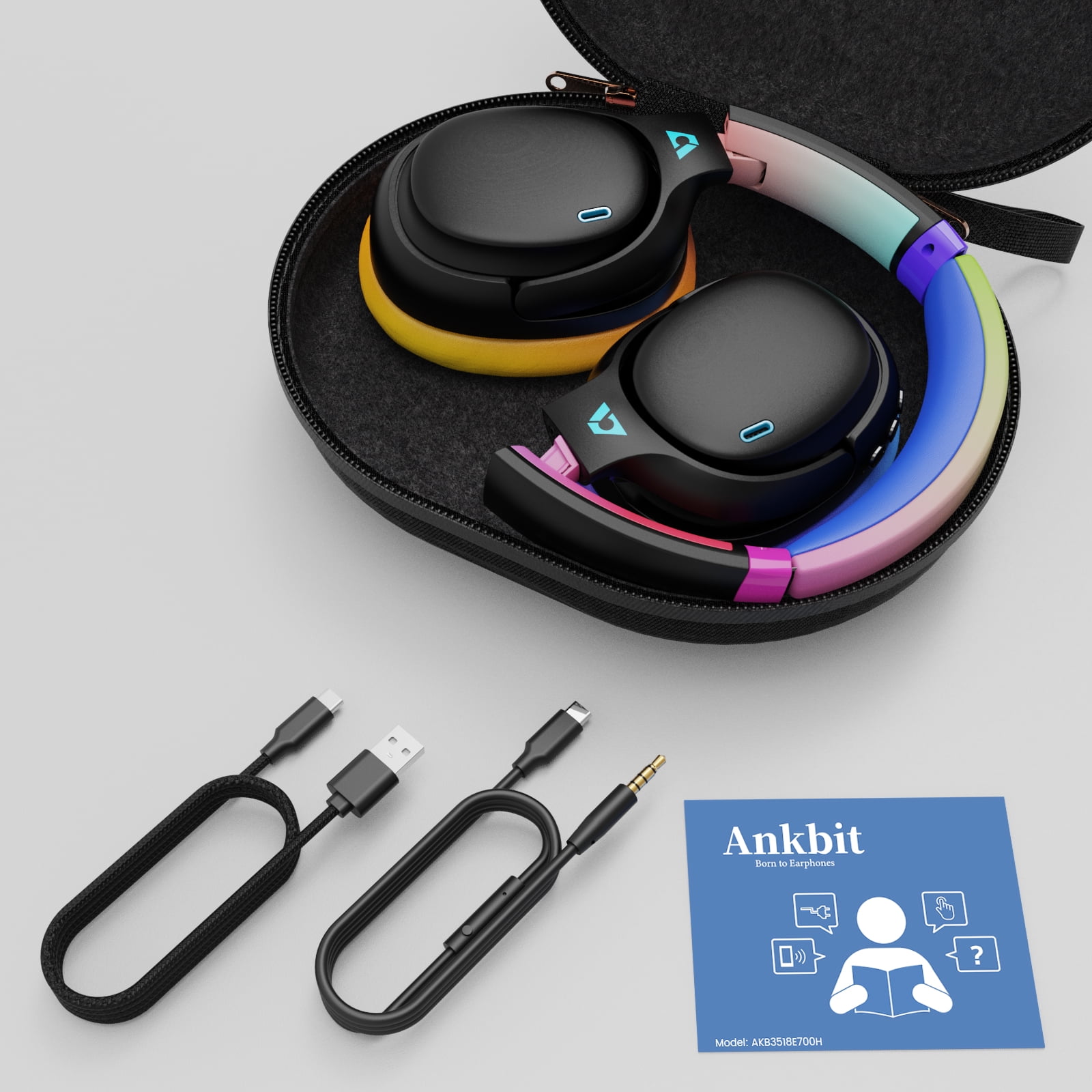Ankbit E700 Noise Cancelling Headphones with LDAC, Wireless Bluetooth 5.1 Over Ear Headphones with Microphone, 60H Playtime, Colorful