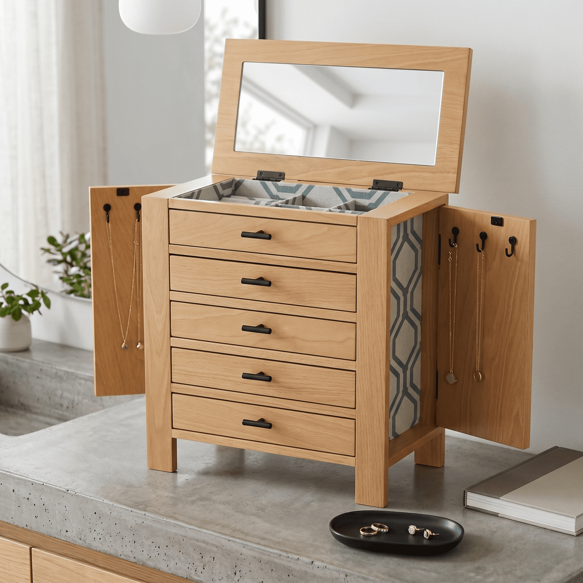 Hives and Honey Emma Wood Jewelry Chest: Modern Pine Tabletop Storage with 4 Drawers for Women