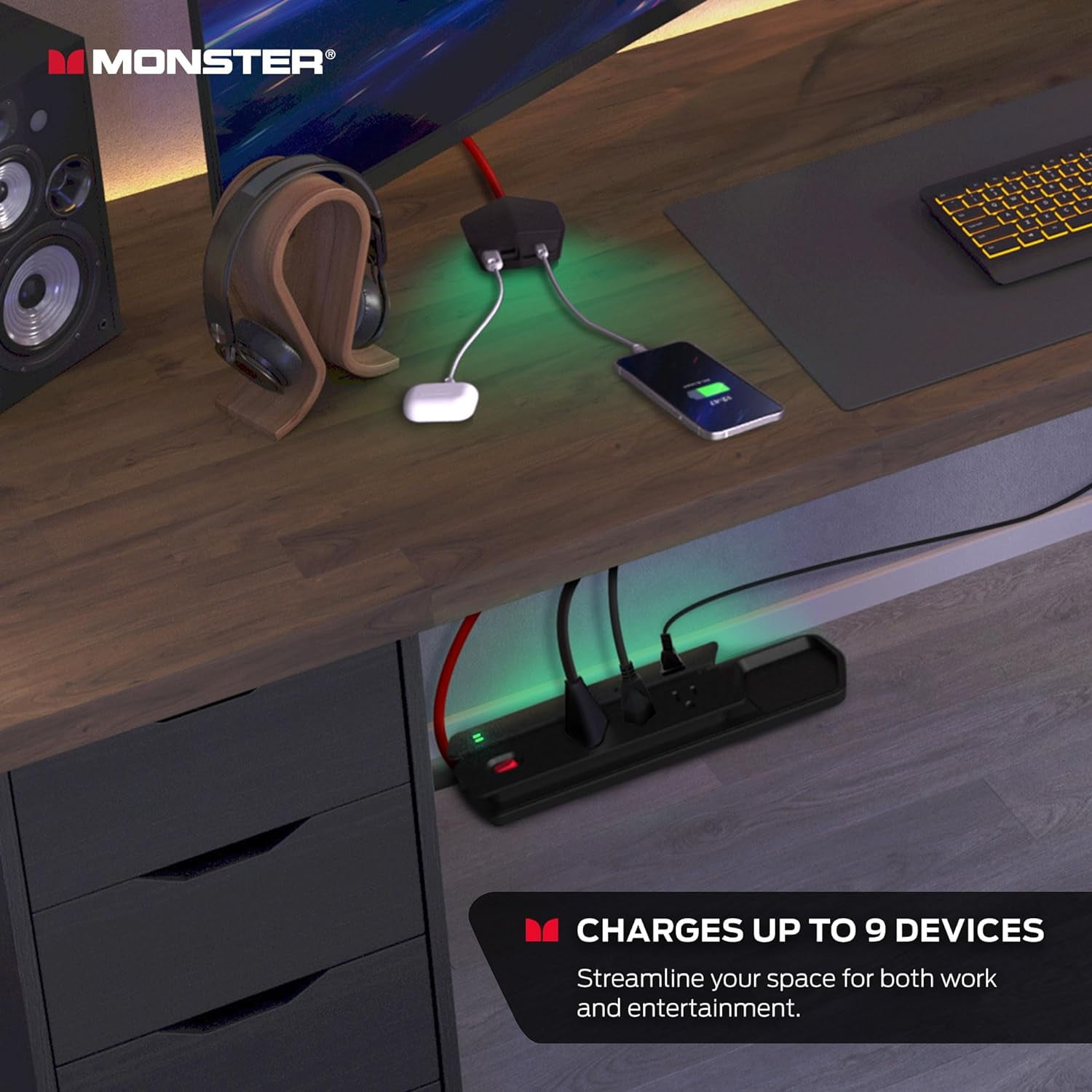 Monster Surge Protector Power Center Vertex, 6 AC Grounded Outlets, 2 USB-A & 1 USB-C Ports, Black