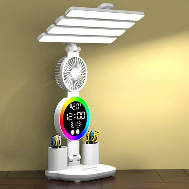 Lámpara de escritorio LED con ventilador | Luz de lectura inteligente plegable | Reloj digital y luz ambiental RGB | Porta bolígrafos | Altura ajustable | Recargable | Blanco | 16.93"x9.84"x4.72"