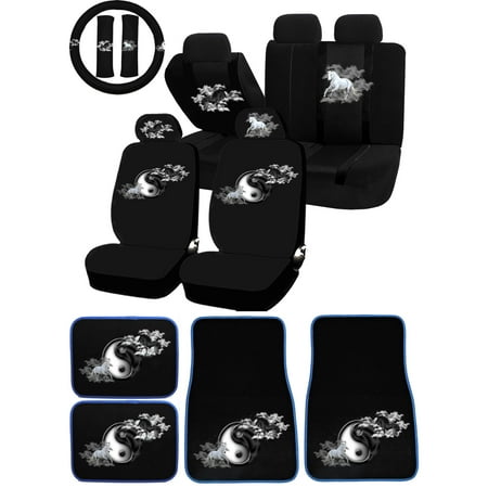 22PC Light & Dark Horses Horse Yin Yang Universal Seat Covers & Carpet Floor Mats Set Car Truck SUV
