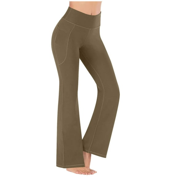 Women’s High Waisted Flare Leggings Bootcut Bell Bottom Yoga Pants with Pockets Stretchy Workout Dance Trousers for Casual and Fitness,Brown,M