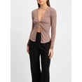 thumbnail image 2 of Faithtur Women Deep V Neck Tops Summer Twist Knot Front Long Sleeve Slim Fit Shirt Trendy Solid Color Ruched Tee, 2 of 5