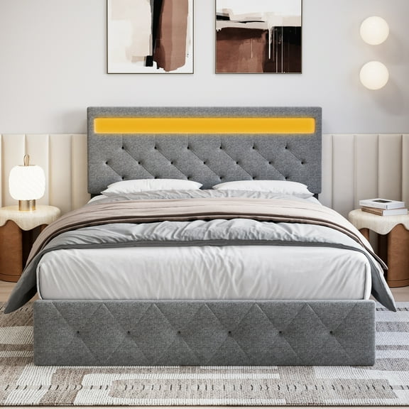 Eastvita Full Bed Frame with LED Lighted Headboard - Upholstered Platform Bed with Fast-Charging USB Port, No Box Spring Needed, Gray