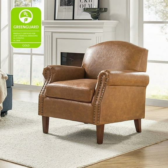 Vegan Leather Armchair Upholstered Lounge Single Sofa Nailhead Rolled Arms Accent Chair Living Room Home Office Camel