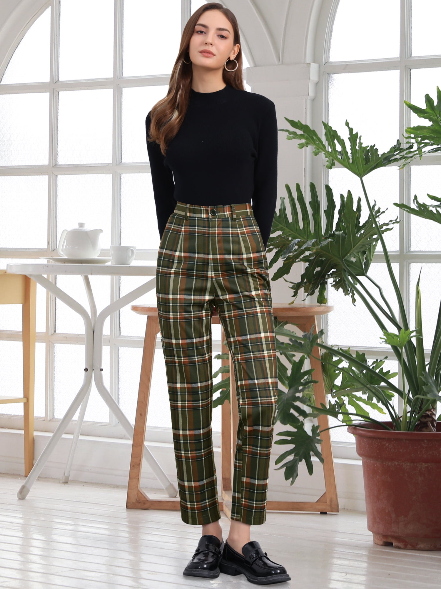 DARING DIVA Women's Plaid Pants High Waisted Tartan Checkered Cropped Pants L Army Green