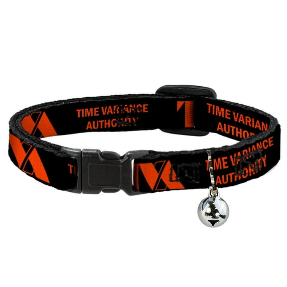 Marvel Comics Breakaway Cat Collar With Bell, Plastic Clip, Easy Adjustable, Loki Series TVA Time Variance Authority Text Black Orange, 8.5 to 12 Inches 0.5 Inch Wide