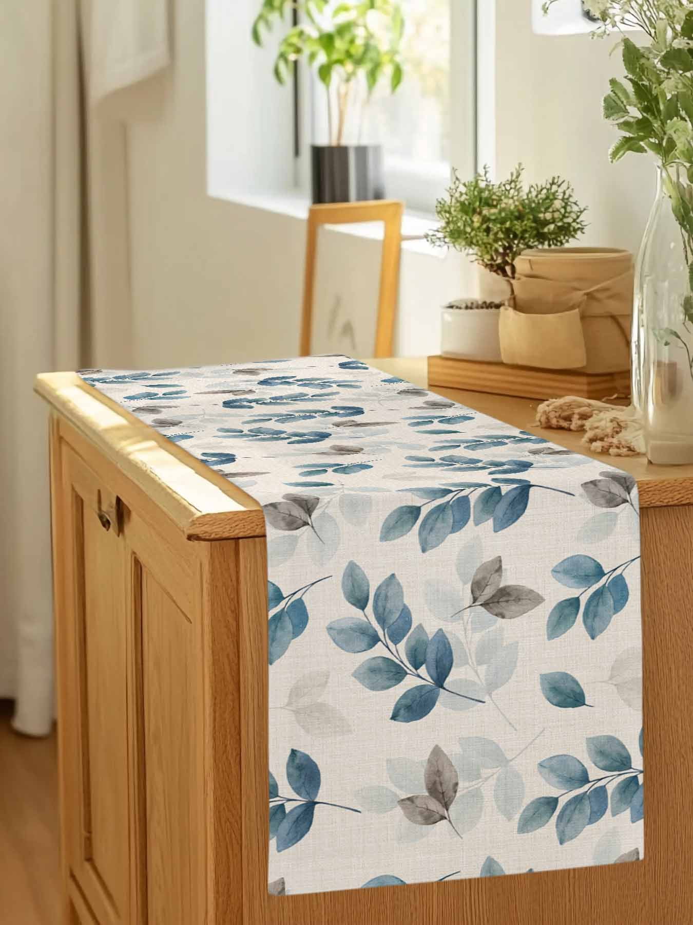 Watercolor Eucalyptus Leaves Blue Grey Table Runner 90 Inches Long, Country Botanical Retro Linen Table Runners Tabletop Scarf Kitchen Dining Tables Decoration for Home Party Indoor Outdoor