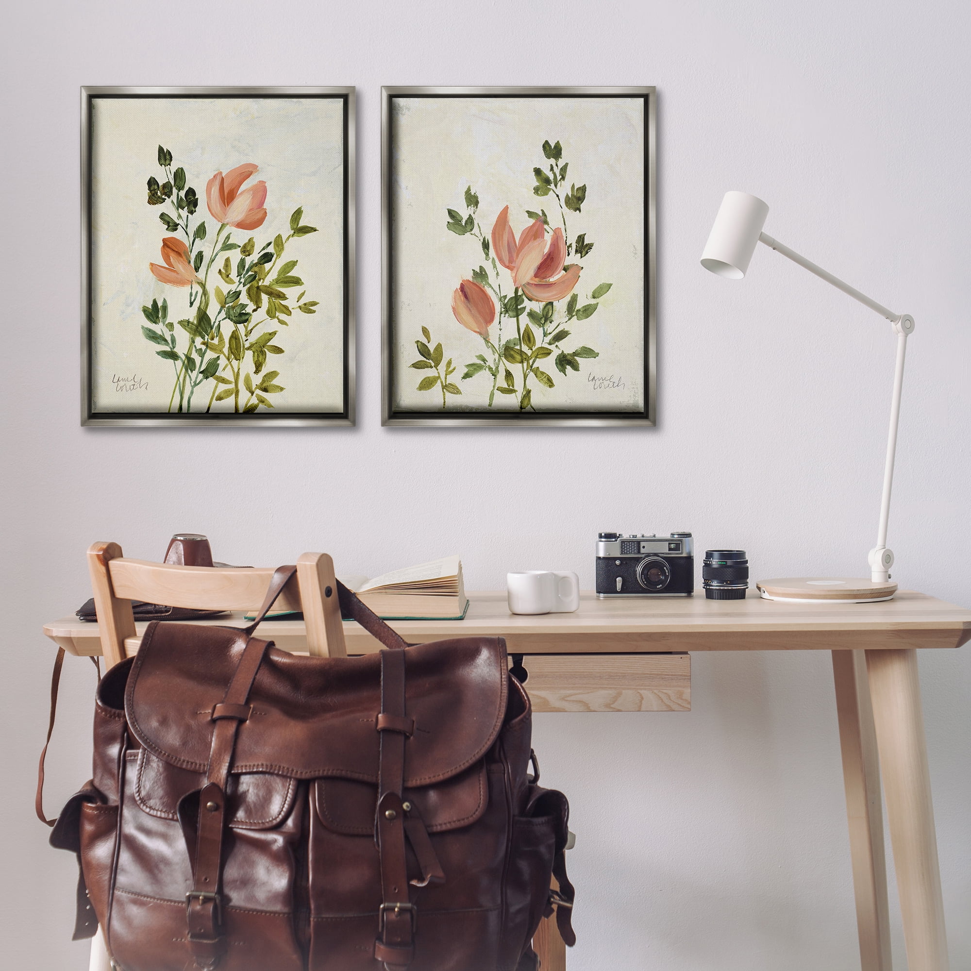 Stupell Industries Vintage Leaves & Bloom Floral & Botanical Painting Gray Floater Framed Canvas Art Print Wall Art, 31 x 25, Set of 2