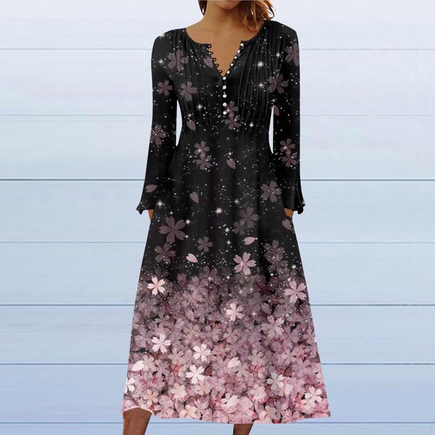 ICHUANYI Liquidación Mujer Casual Cuello Redondo Manga Larga Abotonado Plegable Vestidos Estampados ICHUANYI WER2023082200518