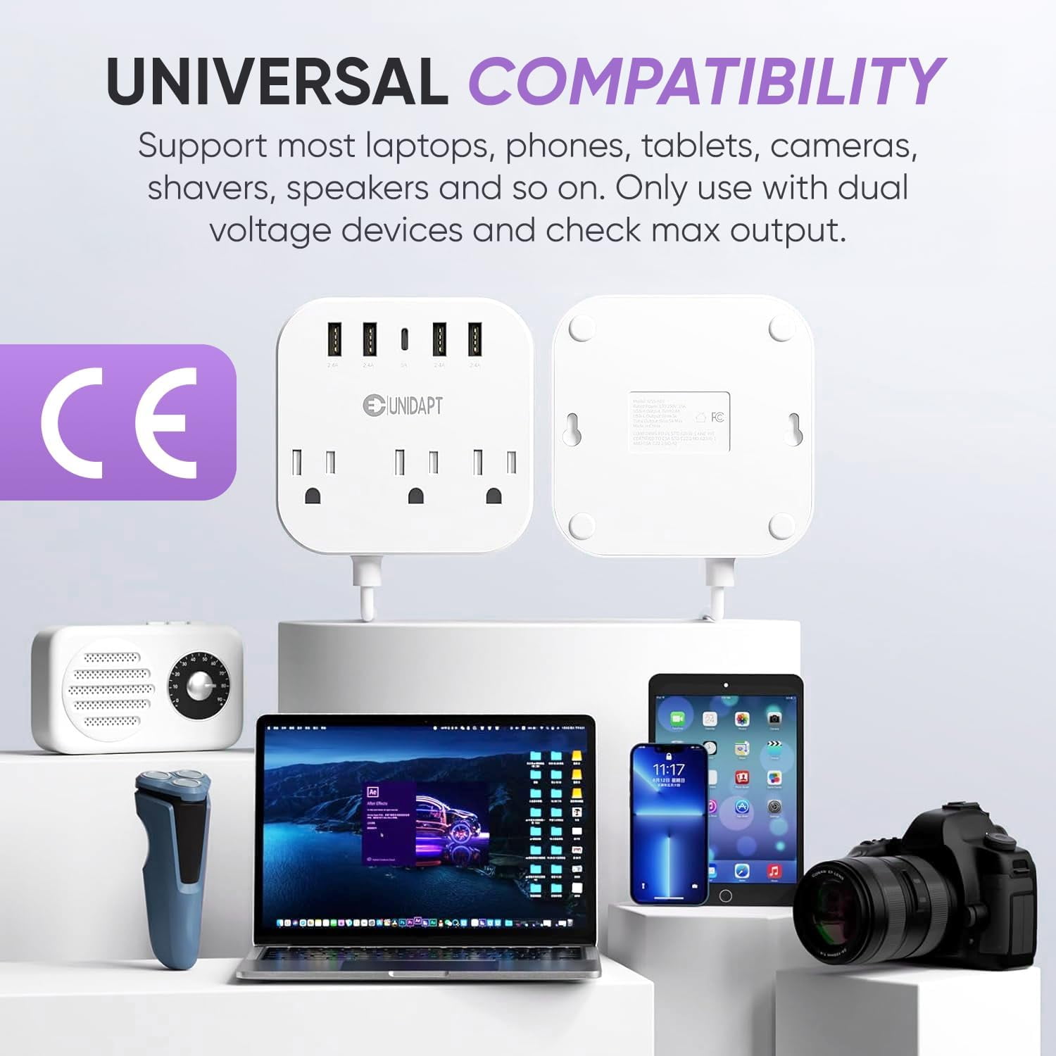 European Plug Adapter, US to UK Europe Power Strip for EU/UK/US with USB C and 4 USB Ports, 3 AC Outlets, Wall Mountable, 5ft Extension Cord, for Travel Cruise Ship Home
