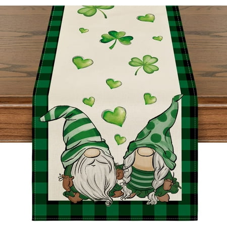 

Buffalo Plaid Gnomes Green Heart Shamrock St. Patrick s Day Table Runner Seasonal Spring Holiday Kitchen Dining Table Decoration for Indoor Outdoor Home Party Decor 13 x 72 Inch