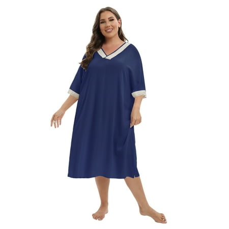 

Plus Size Nightgowns V Neck Nightshirts Short Sleeve Sleepwear Soft Loungewear for Women