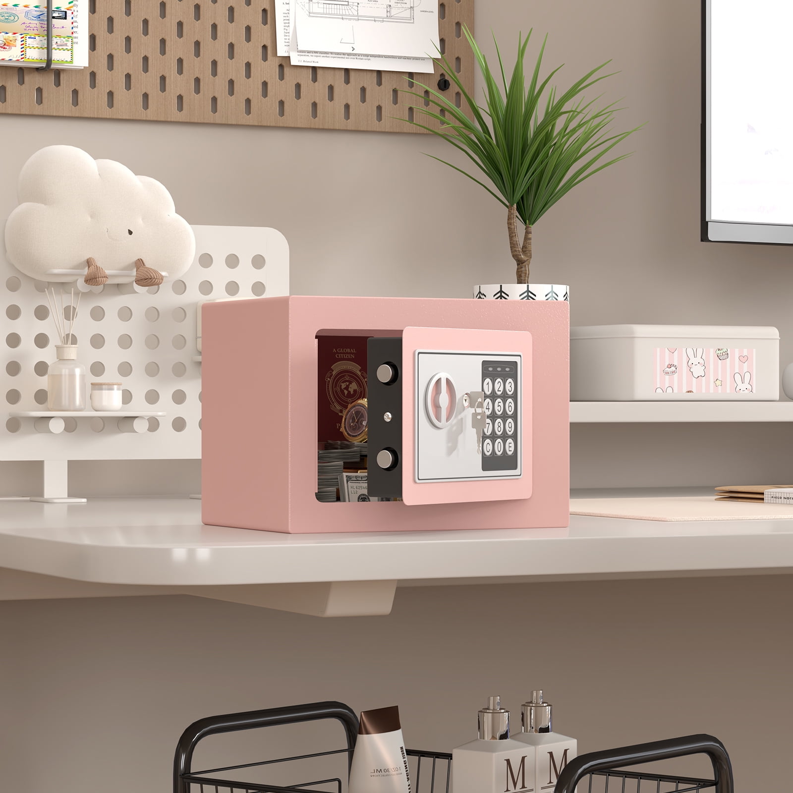 Marcree Mini Safe, 0.23 Cubic Pink Safe Box, Key Lock Box with Code, Steel Security Box with Key, Safe for Money, Jewelry, Hotel or Business, Pink Lock Boxes for Personal Items, Electronic Lock