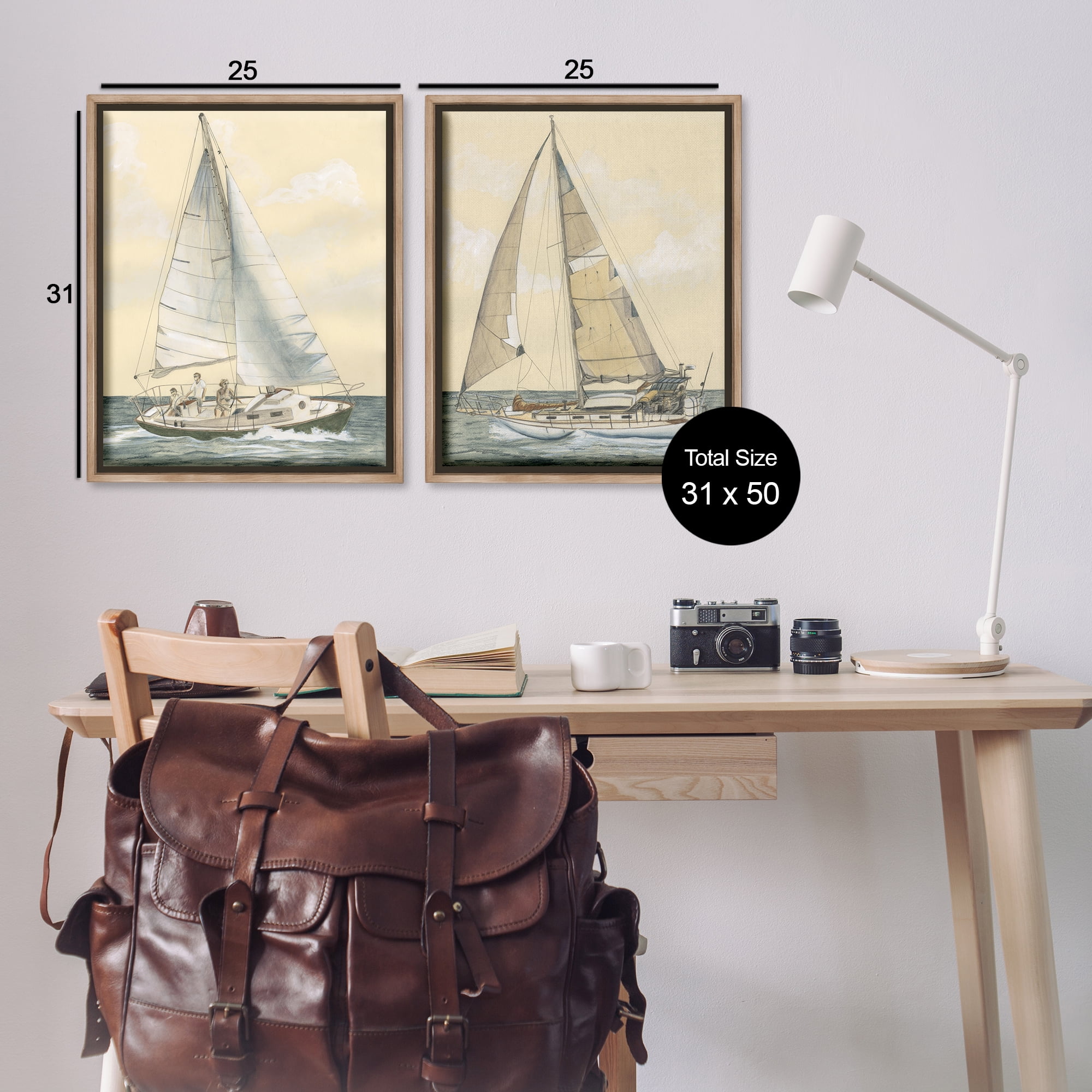 Stupell Industries Sailboat Crew At Sea People Painting Brown Floater Framed Canvas Art Print Wall Art, 31 x 25, Set of 2
