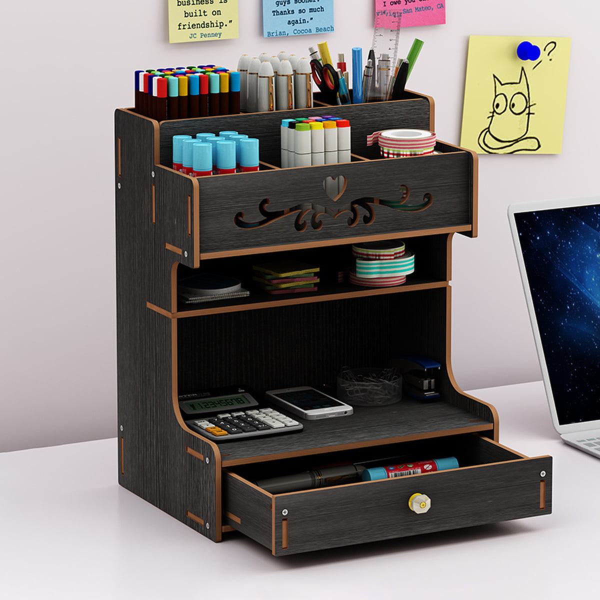 Wooden Pencil Holder Desk Pen Organizer Desktop Storage Box Rack With Drawer 