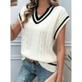 thumbnail image 6 of Oversized Sweater Vest for Women V Neck Cap Sleeve Cable Knit Vest Loose Striped Pullover Tank Tops White M, 6 of 7