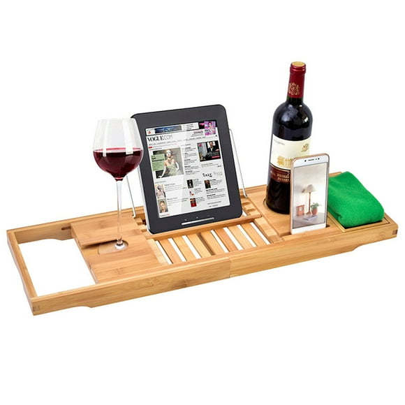 Oubit Expandable Bamboo Bathtub Tray Wood Bath Tray with Book and Wine Holder