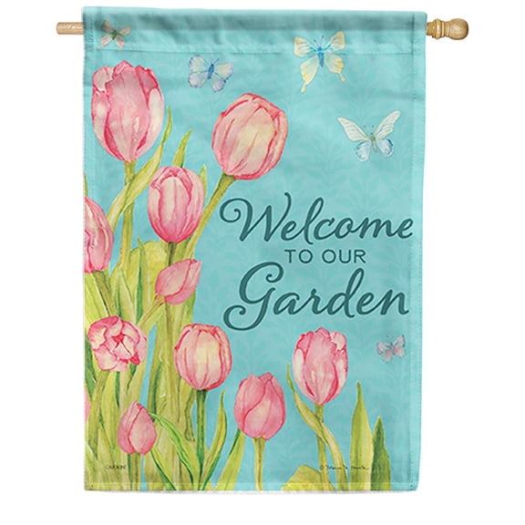 Carson Double Sided House Flag - Tulips and Butterflies, 28 x 40 Inch Holiday Outdoor Seasonal Yard Decorative House Flag, Spring Summer Tulips Butterflies Welcome Flag