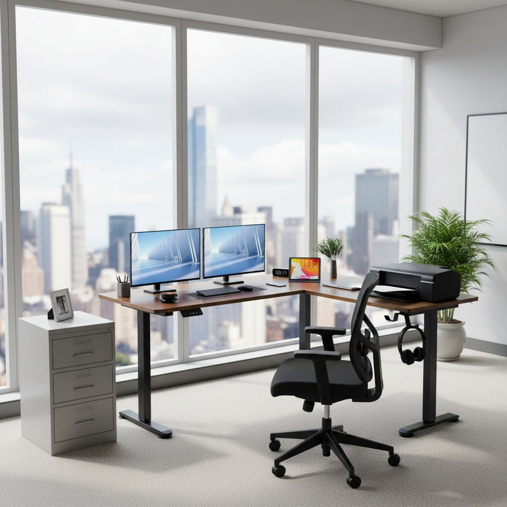 Legooin 63"W L-Shaped Standing Desk Adjustable Workstation 28"-46"H for Home Office Gaming Room, Brown