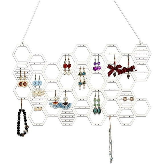 Honeycomb Earring Hanging Holder Wood Wall Mounted Hanging Jewelry Organizer Beehive Jewelry Display Rack with Hooks for Earrings s Bracelet(White)
