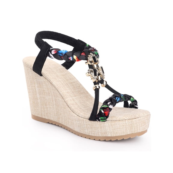 BLISSFUL STEP Women's Shoes Slingback Bohemia Rhinestone Open Toe Platform Heel Wedge Sandals Black 8