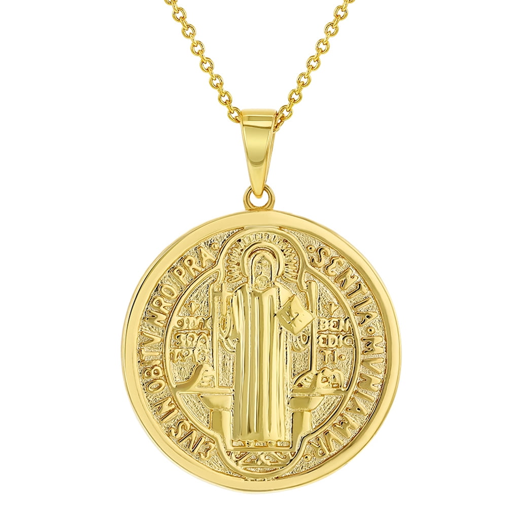 Solid 14K Yellow Gold Polished St Benedict Medal Charm Saint Pendant Figaro Chain Necklace