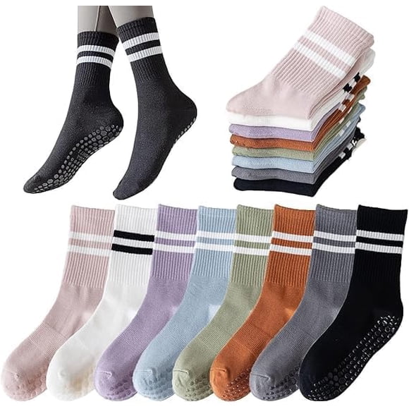 8 pares de calcetines largos de yoga con agarre para mujer, calcetines antideslizantes de yoga y pilates, ideales para deportes interiores, yoga, pilates y ballet