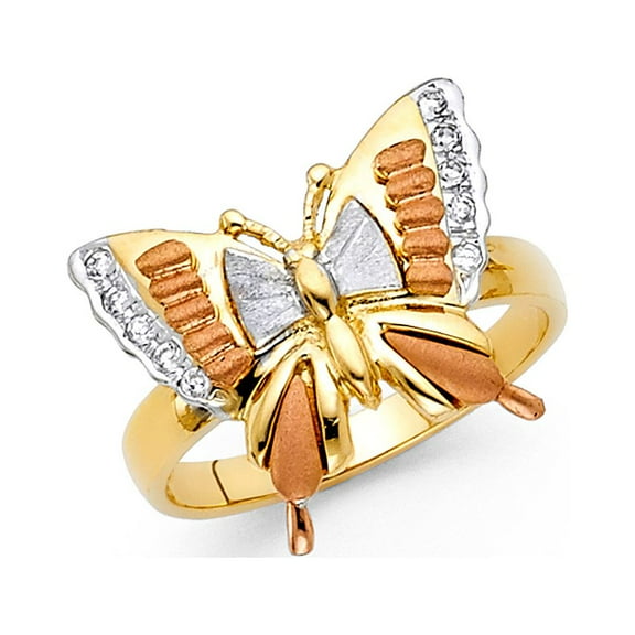 Butterfly Ring CZ Solid 14k Yellow White Rose Gold Band Stylish Satin & Polished Fancy Tri Color, Size 7