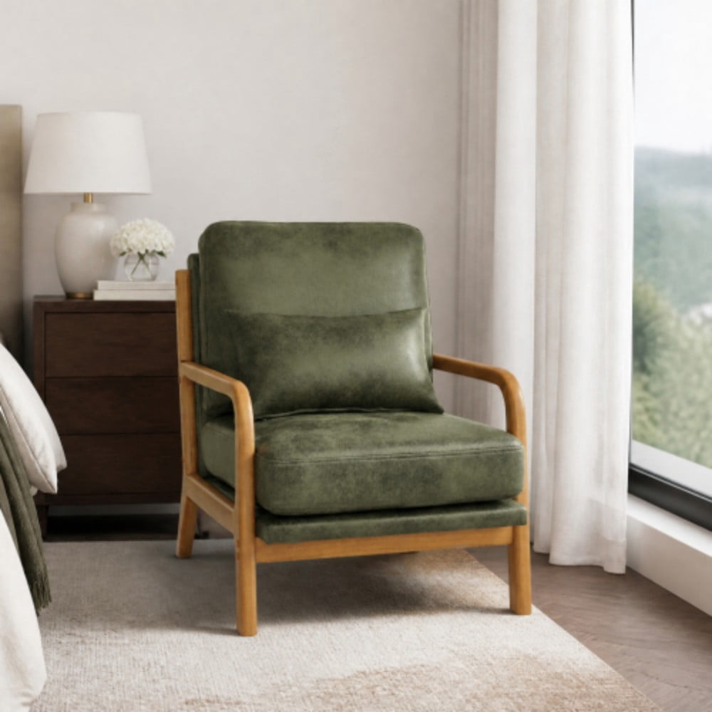 Wooden Lounge Chair, Modern Upholstered Accent Chair with Solid Wood Armrests, High-Density Foam Cushion, Reclined Backrest for Living Room, Bedroom & Office, Olive Green