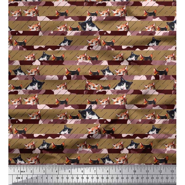 Soimoi polyester Crepe Fabric Diagonal Stripe & Cat Face Animal Print Sewing Fabric Yard 52 Inch Wide