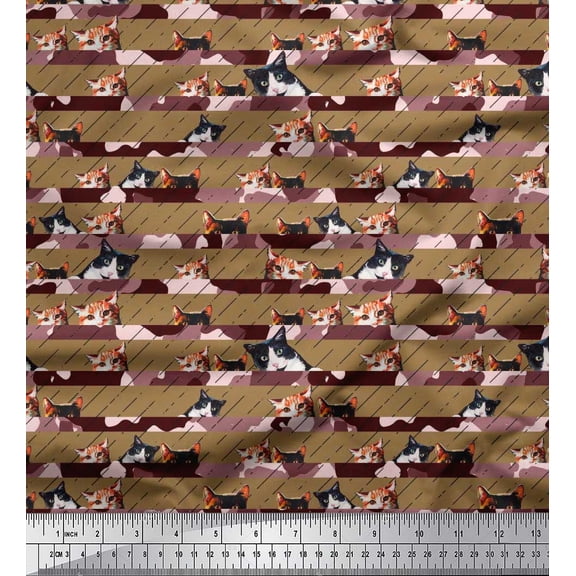 Soimoi Cotton Duck Fabric Diagonal Stripe & Cat Face Animal Print Fabric by the Yard 42 Inch Wide