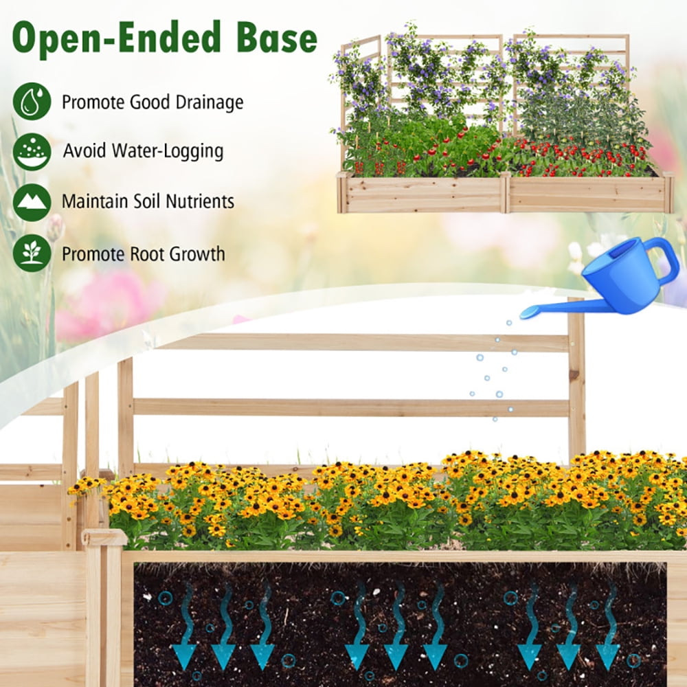 Yardi Yard Raised Garden Bed with 2 Planter Boxes and 3 Trellis-Natural, Raised Garden Bed for Patio or Yard Gardening