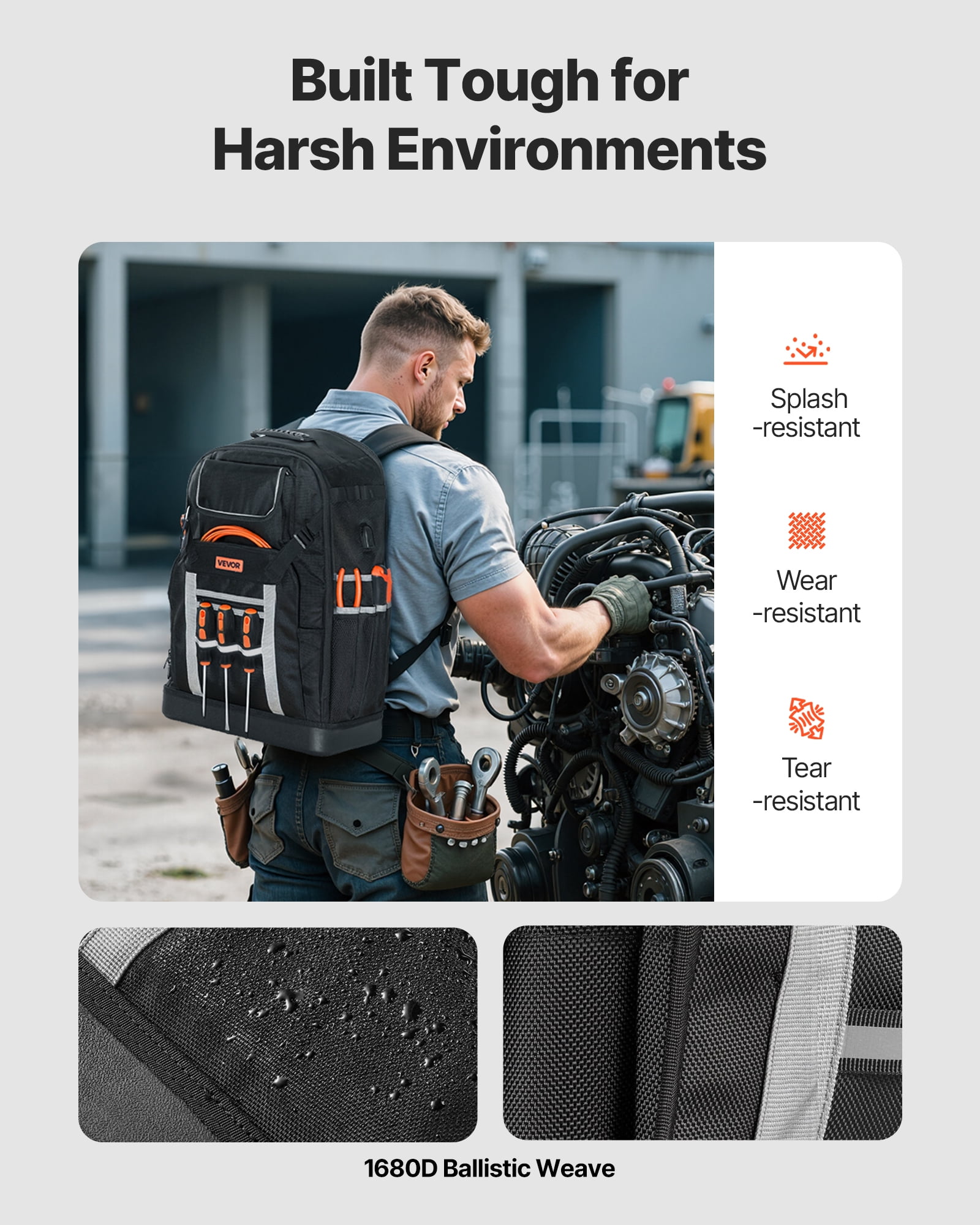 VEVOR Tool Backpack, 56 Pockets, Heavy-duty Tools Storage Organizer Bags with Molded Base, Electrician Jobsite Backpack for Construction Jobsite, Electrician, Industrial, Repairman, and HVAC Techs