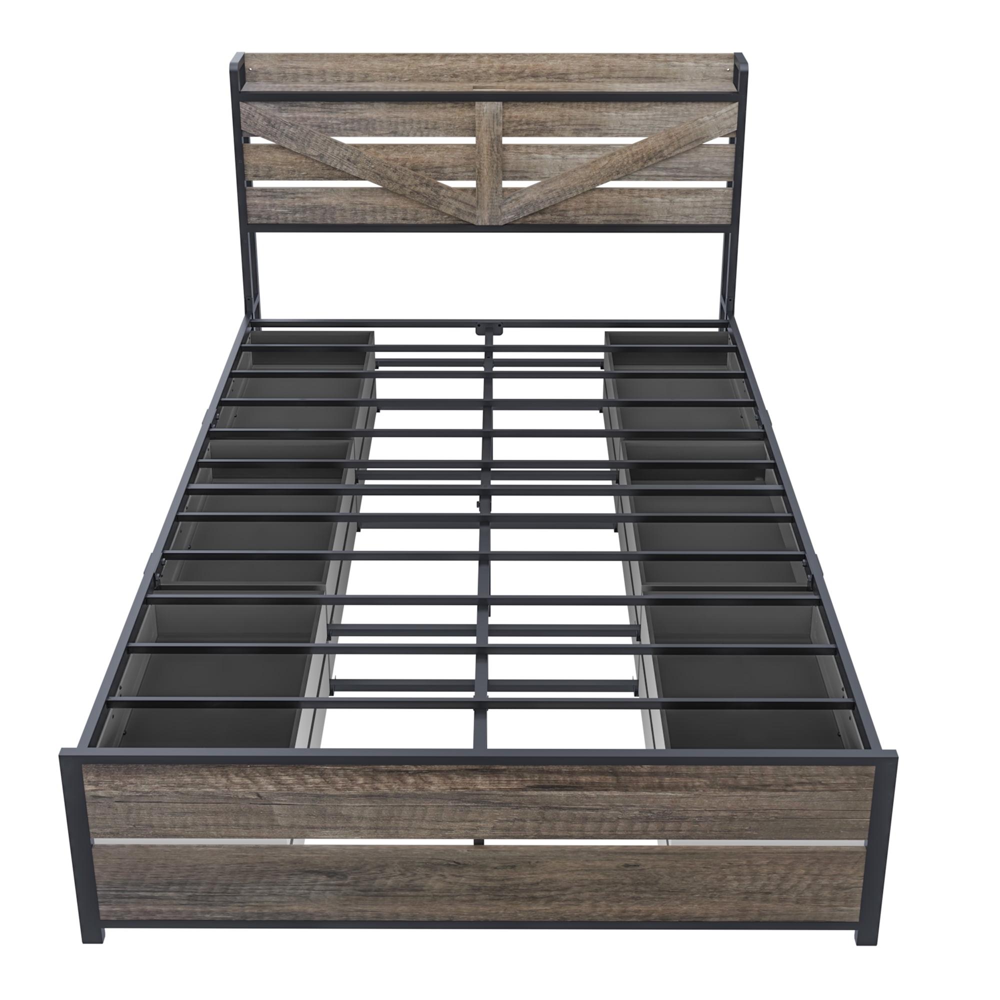 Yoneston Queen Bed Frame with Charging Storage Headboard and 12 Drawers, Farmhouse Metal Platform Bed No Box Spring Required, Brown