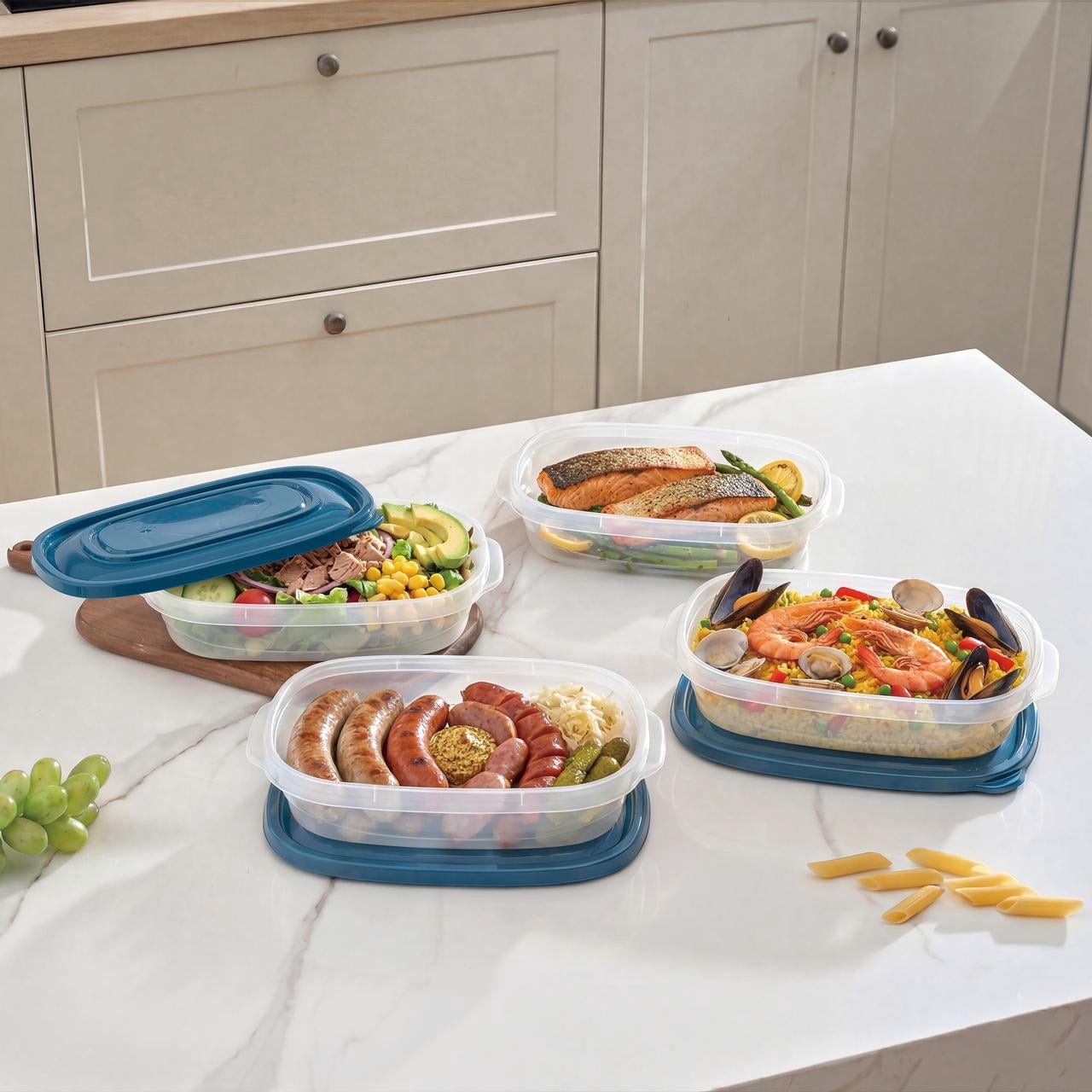 (4 pack) Mainstays Semi Durable Rectangle 4cup Plastic Food Storage Container 4 Pack, Made for Family Meals and Easy Serving, along with being the perfect size for your Lunch Bag