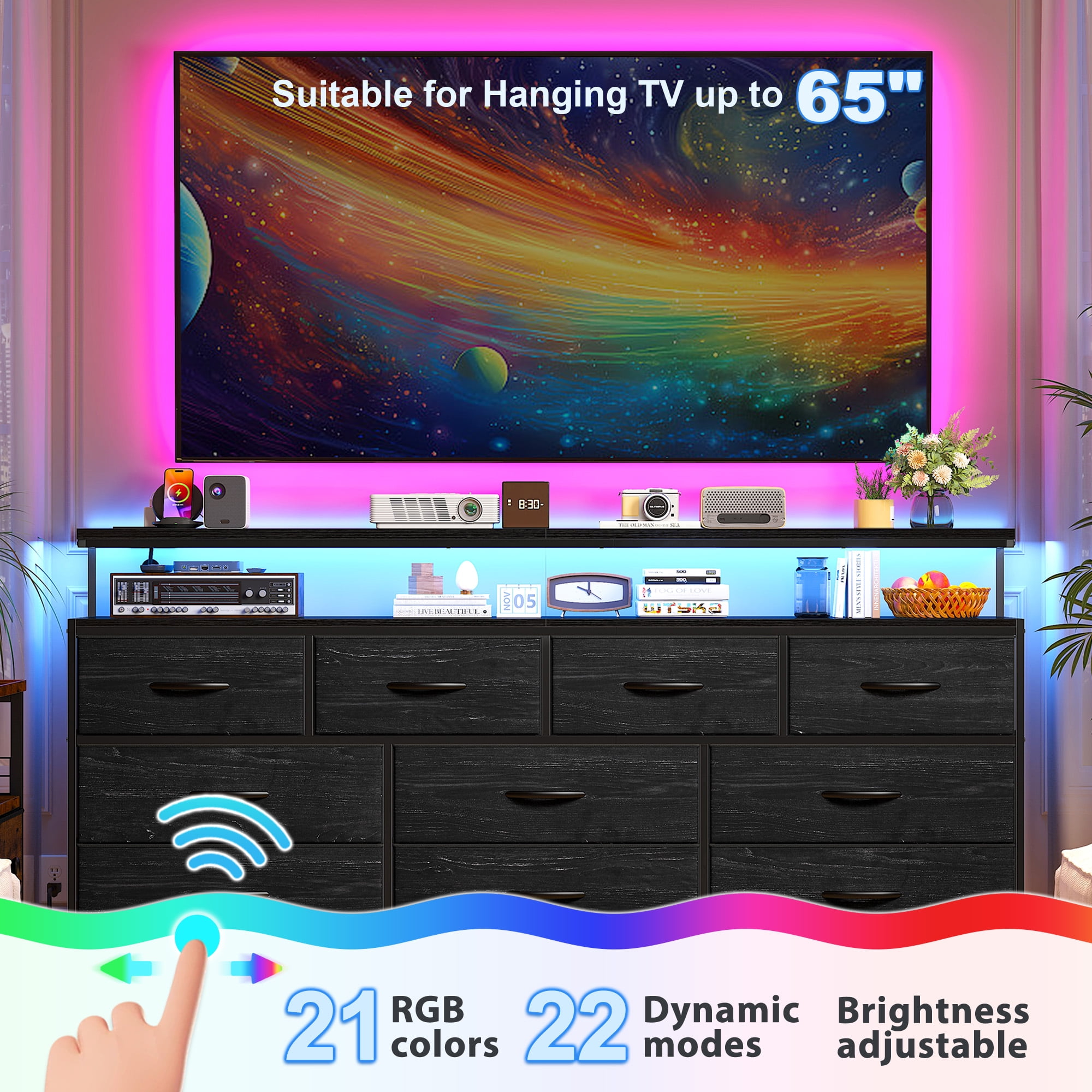 Dresser for Bedroom with 10 Drawers Fabric dresser with LED Lights and Power Outlets,Black