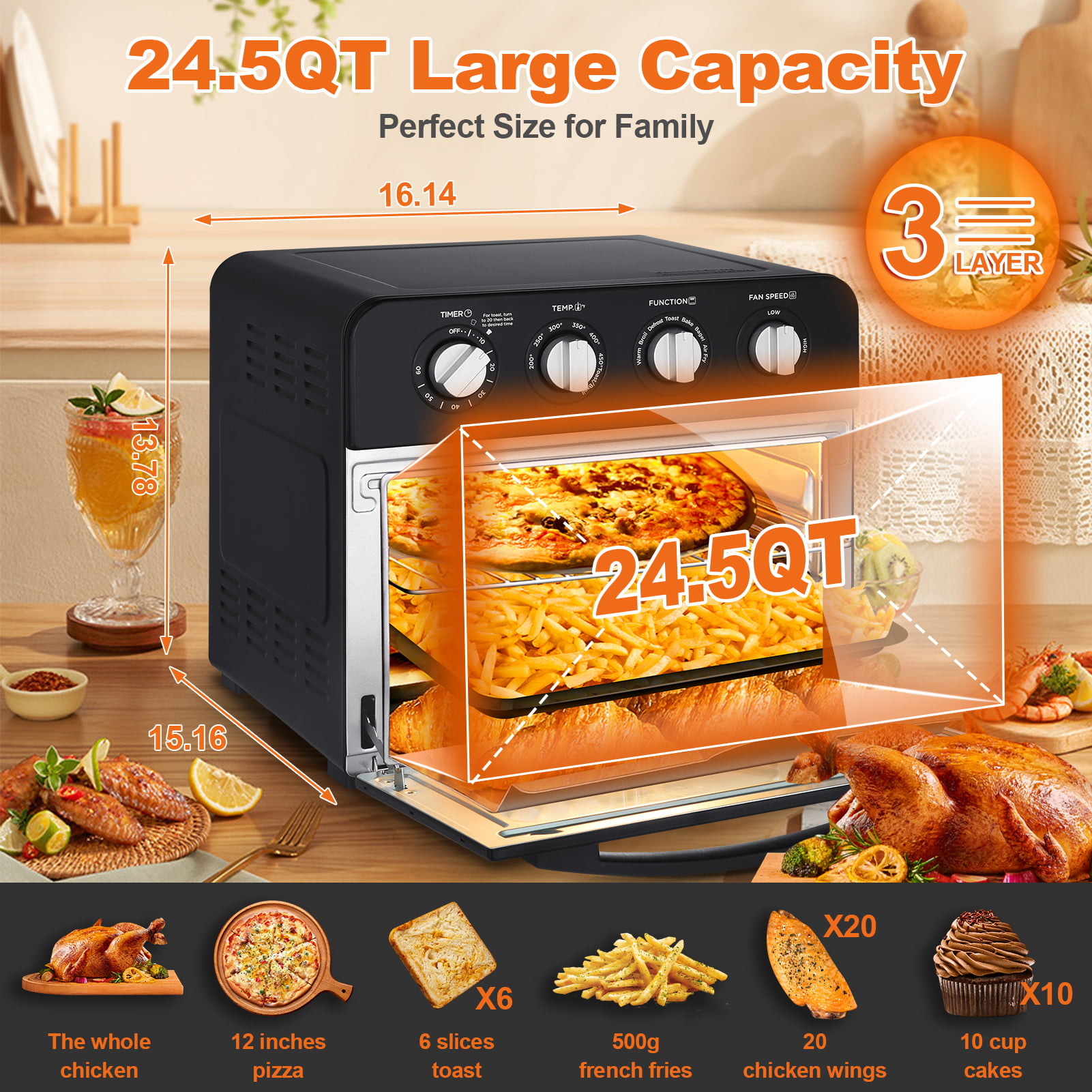 2022  Hot Sale Factory Price Wholesale 26qt 24L Air Fryer Toaster  Oven Combo for Large Family 1700W Air Oven - China Air Oven and Air Fryer  Oven price