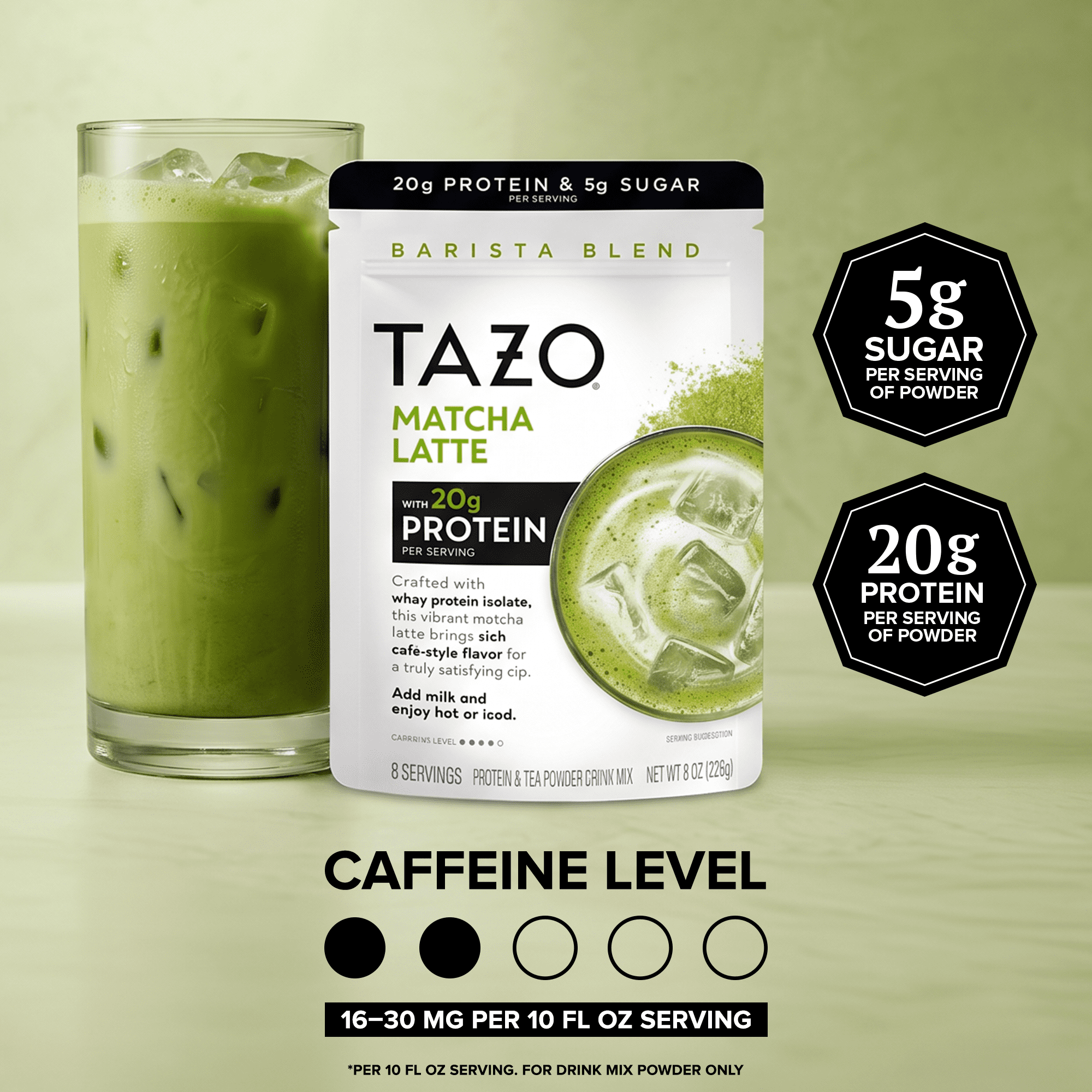TAZO Protein Matcha Latte Powder with Whey Protein Isolate, 8oz Pouch, 8 Servings