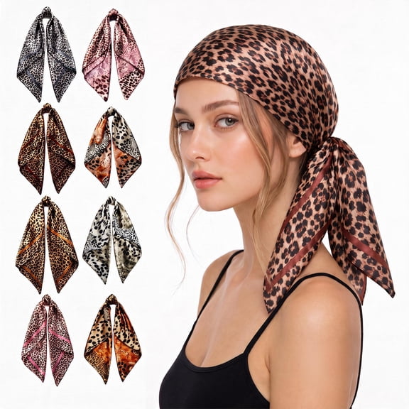 8 Pack Leopard Print Faux Satin Square Scarves for Women, European Trendy Large Head Wraps, Multi-use Fashion Bandana Shawl Headscarves